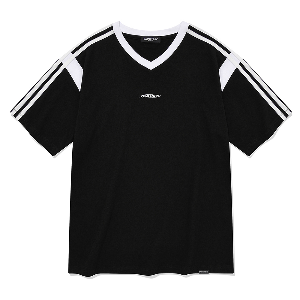 SP 서클 로고 바시티 브이넥 티셔츠-블랙